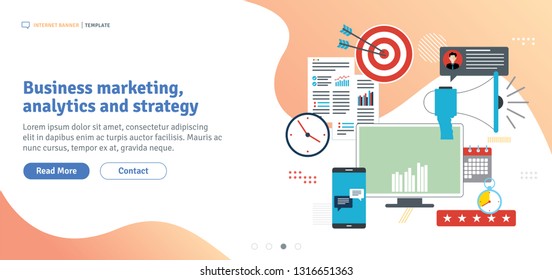 Business marketing, analytics and strategy. Advertising and marketing communication icons. Social networks and social media.  Flat design for web banner in vector illustration.