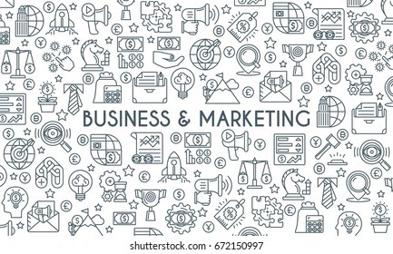 Business and marketing banner. Design template with thin line icons on theme commerce, management, start up, business analytics, finance, and market research. Vector illustration