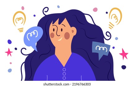 Business marketing and character woman. Digital media work and social communication content vector illustration. Person manager and job strategy banner. Conversation connection discussion and career