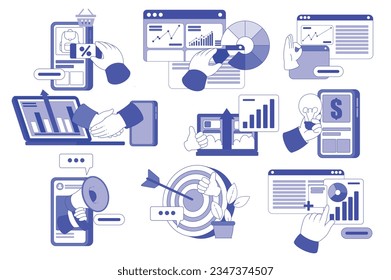 Business and Marketing with Chart, Window Screen, Target, Handshake and Megaphone Vector Set