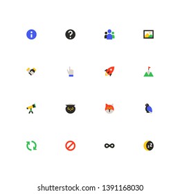 Business and marketing - colorful material design icons set on white background. Information, question marks, people, gallery, handshake, rocket, mountain, telescope, owl, fox pigeon refresh stop