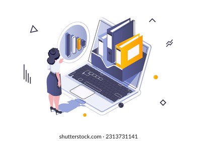 Business marketing concept in 3d isometric design. Woman analyzing data and working with documents, planning and developing project. Vector illustration with isometric people scene for web graphic