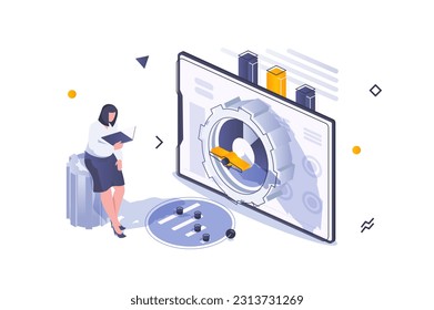 Business marketing concept in 3d isometric design. Businesswoman working with financial data, investing money and making bank deposit. Vector illustration with isometric people scene for web graphic
