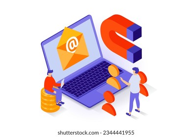 Business and marketing concept in 3d isometric design. People working and developing company, making email promotion, attracting new customers. Vector illustration with isometry scene for web graphic