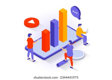 Business and marketing concept in 3d isometric design. People analyzing data, developing company, promoting in social networks with ad content. Vector illustration with isometry scene for web graphic