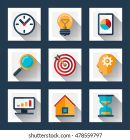Business marketing concept icons set in flat design style. Symbols of search, analysis, idea, development, time management, goal etc. Vector illustration