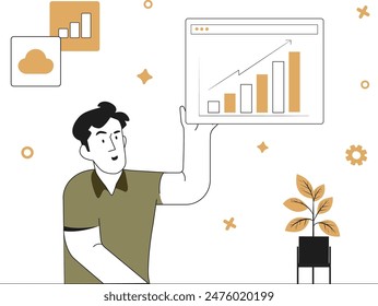 Business and Marketing Concept Illustration. Depiction of people in various business activities such as management, payment, market research, and data analysis.