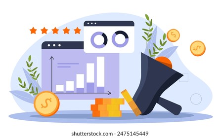 Business marketing concept. Loudspeaker near gold coins and charts. Promotion on Internet and social networks. Advertising and electronic commerce. Cartoon flat vector illustration