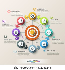 Business marketing concept. Target with arrows and line icons for 8 steps. Can be used for workflow layout, banner, diagram, web design, infographic template.