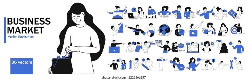 Business marketing concept vector illustrations set with people. Collection various activities to internet strategy, social media, digital promotion and online communication . Person and web commerce