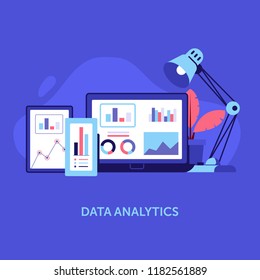 Business and marketing data analysis for website and mobile app. Data analytics and search information concept with smartphone, laptop and tablet. Workspace with gadgets and graphics.
