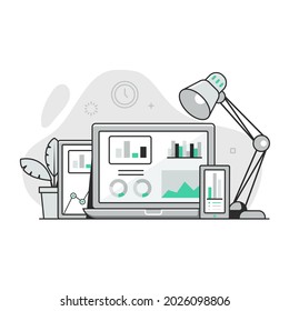 Business and marketing data analysis for website and mobile app. Data analytic and search information concept with smartphone, laptop and tablet. Workspace with gadgets and charts in line art design.