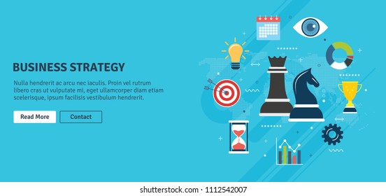 Business, marketing and finance strategy. Business strategy and corporate success, innovation vision concept. Chess pieces, chart, vision, gear and target icons.Flat design vector illustration.