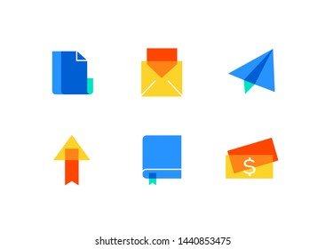Business and marketing - flat design style icons set on white background. High quality collection with colorful images of a document, email, paper plane, bookmark, book, money