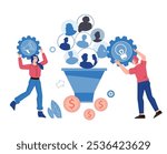 Business marketing funnel for increased sales and customers engagement. Social media marketing driving traffic and conversions, boost business performance concept. Flat vector illustration on white.