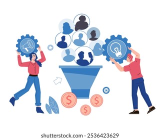 Embudo de marketing empresarial para aumentar las ventas y la participación de los Clientes. El marketing en redes sociales, que impulsa el tráfico y las conversiones, impulsa el concepto de rendimiento empresarial. Ilustración vectorial plana sobre blanco.