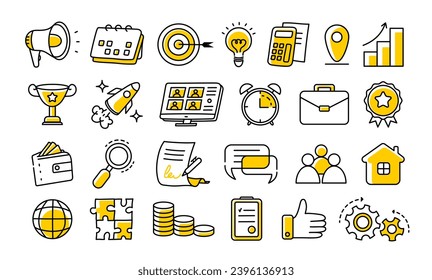 Business and marketing hand drawn outline icons set. Vector icons.
