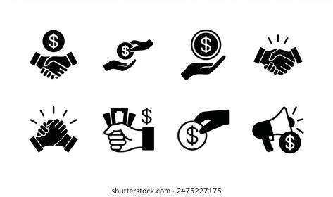 Conjunto de iconos de marketing empresarial. Contiene patrocinador, Acuerdo, donación, apretón de manos, colaboración, confianza, dinero, medios sociales, megáfono, campaña, compra, donación. Ilustración vectorial