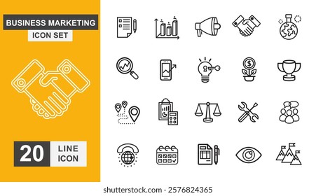 Business marketing icon set. Strategy, success, communication, connection and more line icon