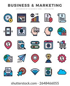 Business and Marketing Icons bundle. Lineal Color style Icons. Vector illustration.