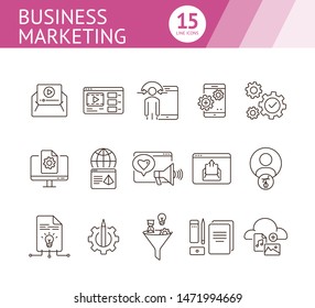 Business marketing icons. Set of line icons. Social media, video message, content management. Promotion concept. Vector illustration can be used for topics like advertising, internet, application