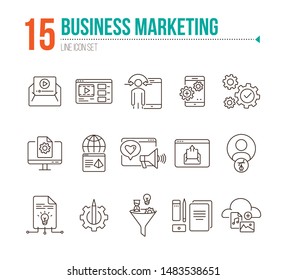 Business marketing icons. Set of line icons. Social media, video message, content management. Promotion concept. Vector illustration can be used for topics like advertising, internet, application