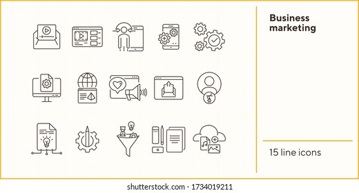 Business marketing icons. Set of line icons. Social media, video message, content management. Promotion concept. Vector illustration can be used for topics like advertising, internet, application