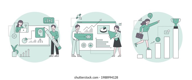 Business marketing illustration.  People analyzing digital material, editing large web pages and climbing graphs towards trophies. outline simple vector illustration.