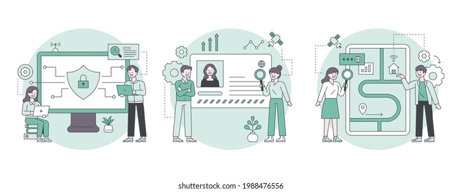 Business marketing illustration.  Security expert, headhunting, map search. flat design style minimal vector illustration.