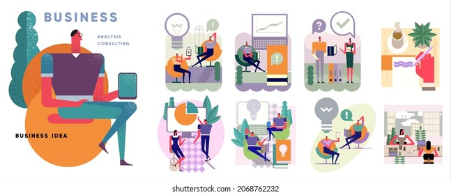 Business Marketing illustrations. Big set. Collection of vector illustrations. Simple, flat design. Patterns and backgrounds. Perfect for poster, cover, banner.