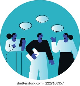 Business Marketing illustrations. Collection of scenes with men and women taking part in business activities. Team man and woman talk, discussion together. Vector modern flat illustration. 