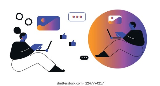 Business Marketing illustrations. Collection of scenes with men and women taking part in business activities. Team man and woman talk, discussion together. Vector modern flat illustration. 