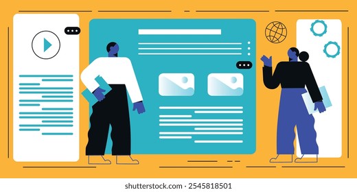 Ilustrações de marketing comercial. Coleção de cenas com homens e mulheres que participam em atividades de negócios. Equipe homem e mulher conversam, conversam juntos. Vetor ilustração plana moderna.	
