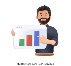 Ilustraciones de Business Marketing. Análisis de datos, tablero de mandos e informe de finanzas empresariales. Hombre participando en actividades empresariales. Estilo vectorial de moda 3D