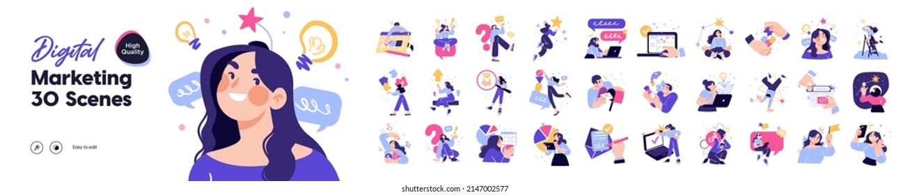 Business Marketing illustrations. Mega set. Collection of scenes with men and women taking part in business activities. Trendy vector style - Shutterstock ID 2147002577