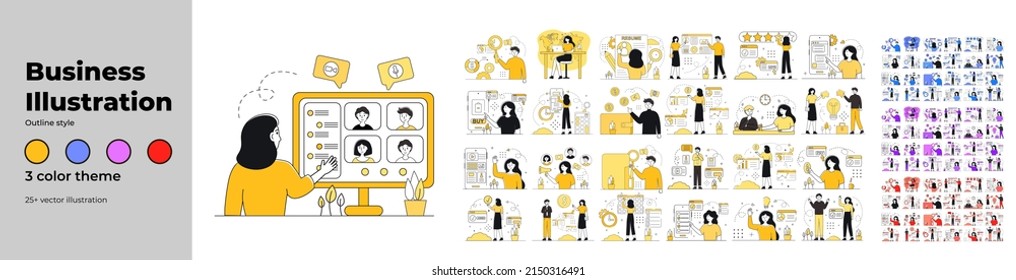 Business Marketing illustrations. Mega set. Collection of scenes with men and women in outline style on 3 color scene. Trendy vector style