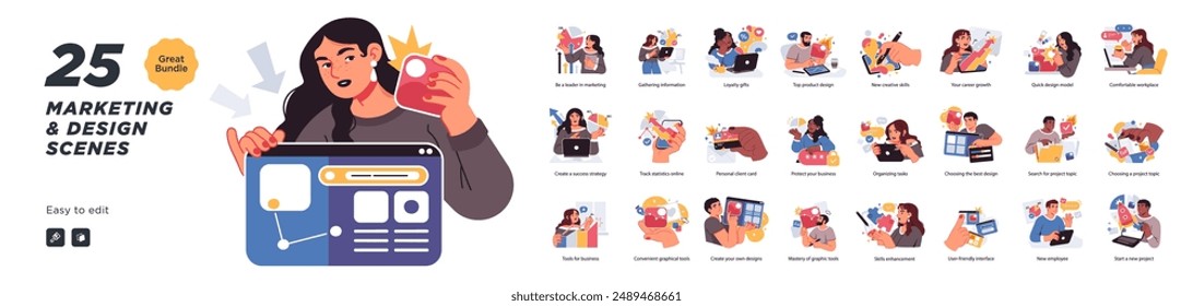 Business Marketing illustrations. Mega set. Collection of scenes with men and women taking part in business activities. Trendy vector style