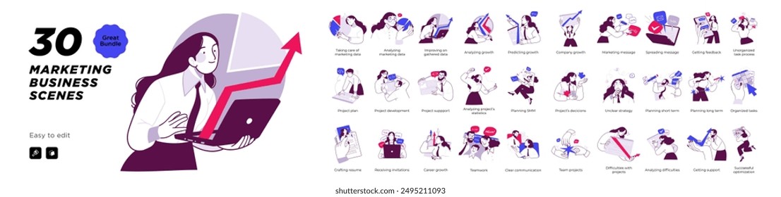 Business Marketing illustrations. Mega set. Collection of scenes with men and women taking part in business activities. Trendy vector style