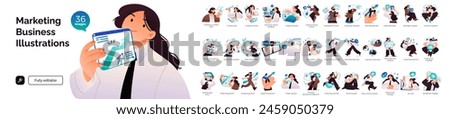 Business Marketing illustrations. Mega set. Collection of scenes with men and women taking part in business activities. Trendy vector style