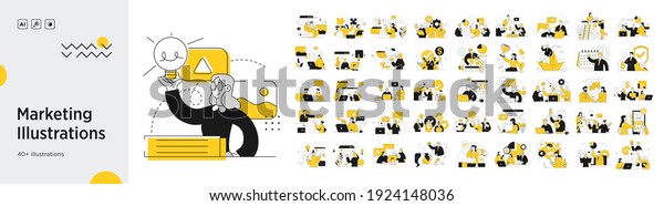 Business Marketing illustrations. Mega set.\
Collection of scenes with men and women taking part in business\
activities. Trendy vector\
style
