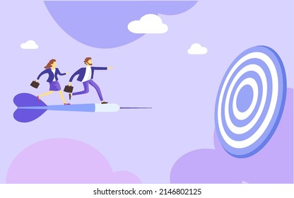 Business Marketing illustrations. Scene with man and woman run towards the goal of success business. Trendy vector style