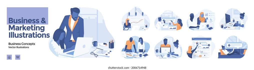 Conjunto de ilustraciones de negocios y marketing. Colección de situaciones comerciales con hombres y mujeres que participan en actividades empresariales. Conceptos modernos y modernos para sitios web y sitios web móviles. Vector