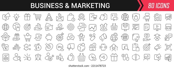 Business and marketing linear icons in black. Big UI icons collection in a flat design. Thin outline signs pack. Big set of icons for design