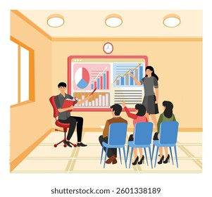 Business Marketing Management. Businessman having presentation with office team. Flat vector modern illustration 