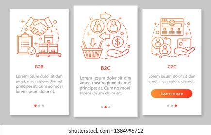 Business marketing mobile app page screen vector template. B2B, B2C, C2C business. Walkthrough website steps, linear illustrations. Seller and customer interaction. UX, UI smartphone interface concept