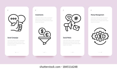 Business marketing mobile user interface with thin line icons: investments, social campaign, money management, social media. Vector illustration, template with copy space.