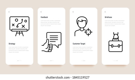 Business marketing mobile user interface with thin line icons: feedback, strategy, customer target, briefcase. Vector illustration, template with copy space.