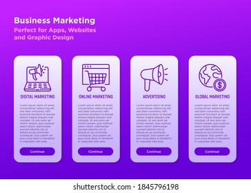 Mobile Benutzeroberfläche für das Business-Marketing mit Symbolen für dünne Linien: digitales Marketing, Online-Shopping, Werbung, globales Marketing. Vektorgrafik, Vorlage mit Kopienraum.