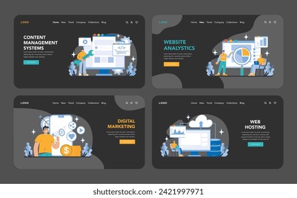 Business and marketing night or dark mode web or landing page set. Integrated solutions for content management, website analytics, digital marketing, and web hosting. Flat vector illustration.