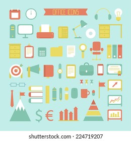 Business, marketing and office infographic design elements. Set of vector colored stylish icons. Illustration in flat style. 